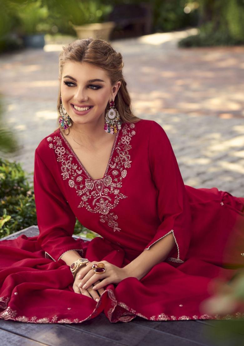 Maroon Embroidered Shimmer Kurta Set - Indya