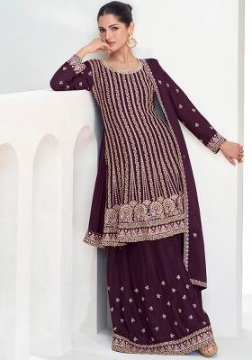 Purple Embroidered Silk Kurta Set