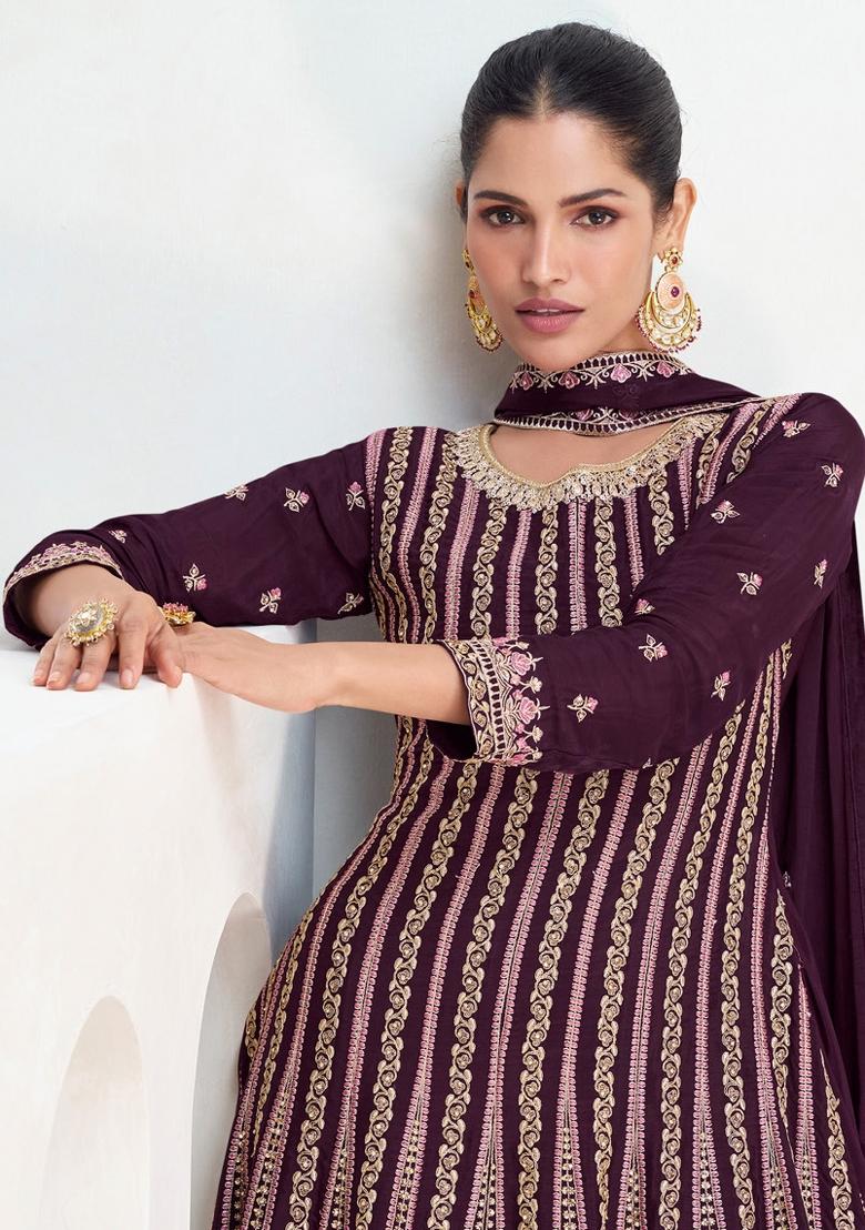 Purple Embroidered Silk Kurta Set - Indya