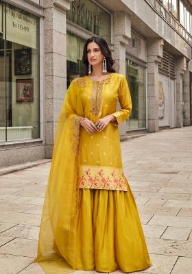 Mustard Embroidered Silk Kurta Set