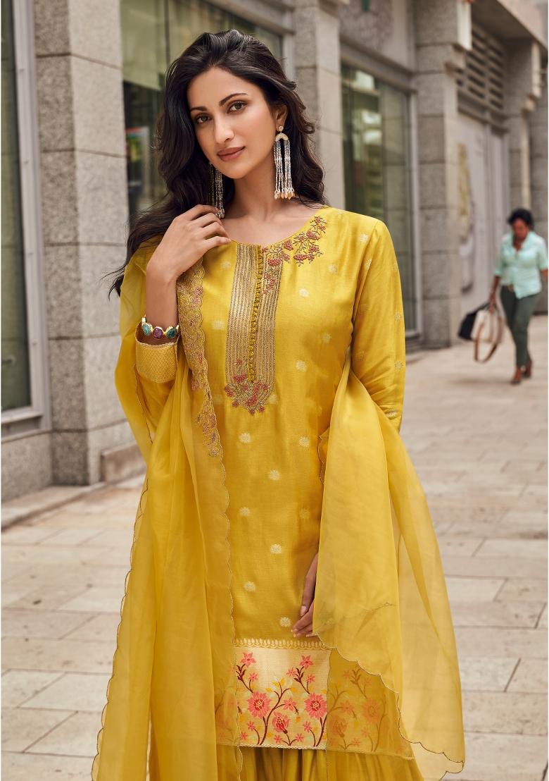 Mustard Embroidered Silk Kurta Set - Indya