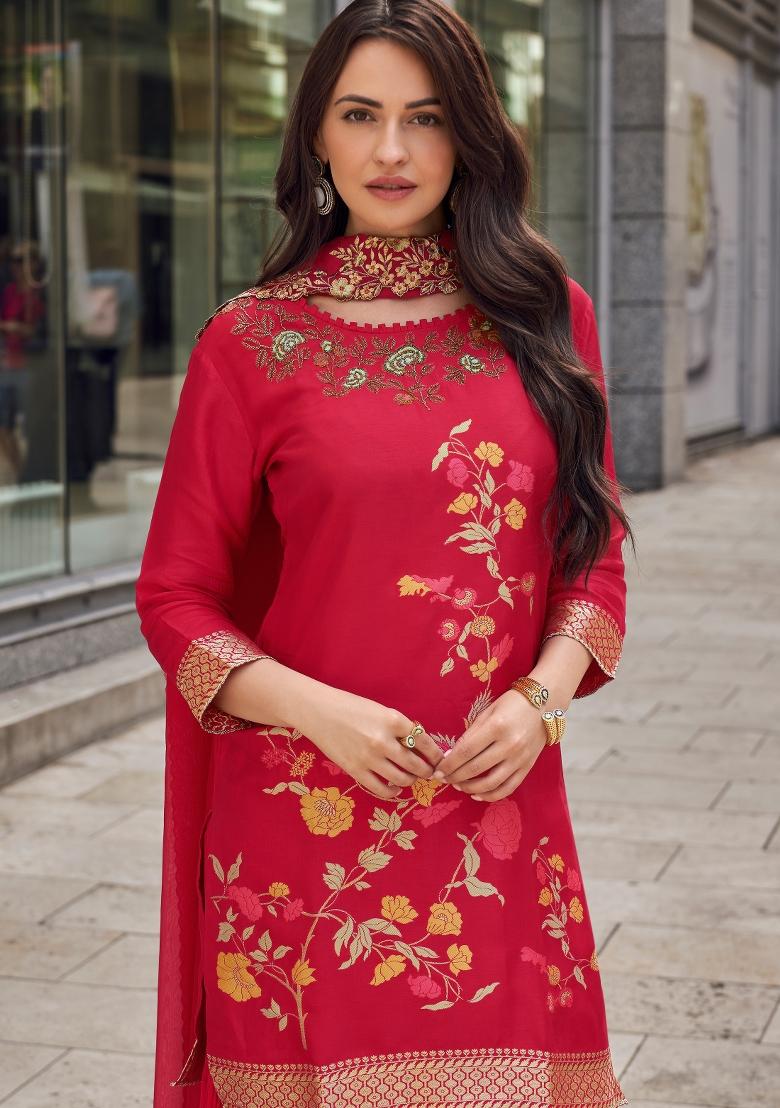 Pink Embroidered Silk Kurta Set - Indya
