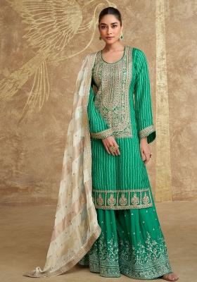 Teal Green Embroidered Silk Kurta Set