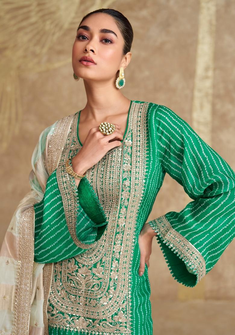 Teal Green Embroidered Silk Kurta Set - Indya