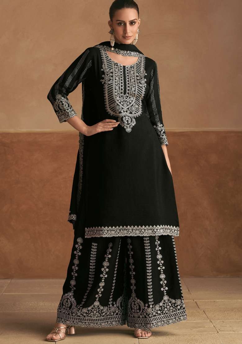 Black Embroidered Chinon Kurta Set - Indya