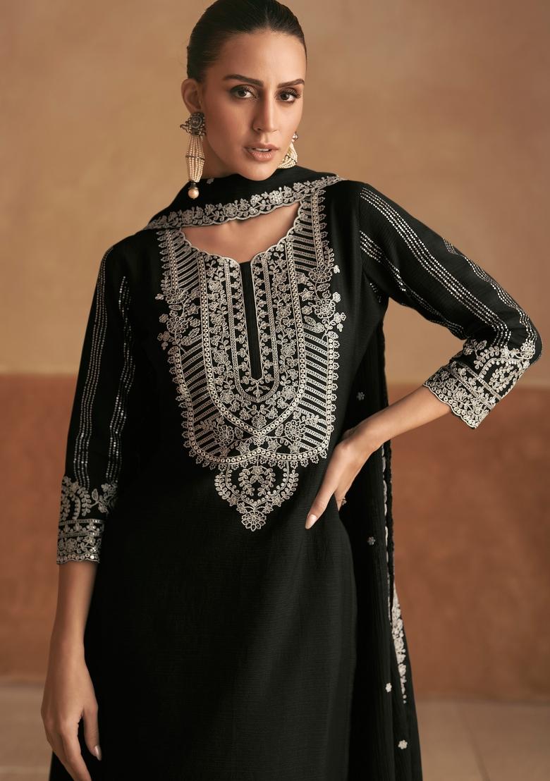 Black Embroidered Chinon Kurta Set - Indya