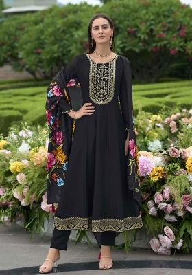 Black Embroidered Silk Kurta Set