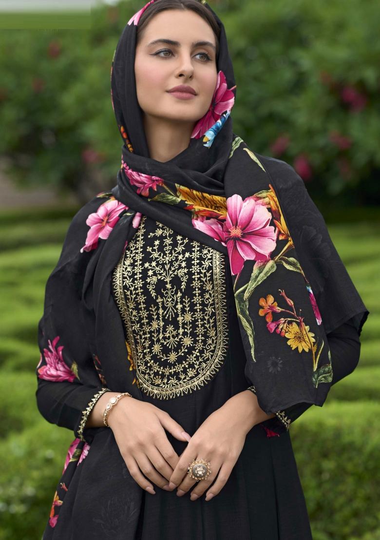 Black Embroidered Silk Kurta Set - Indya