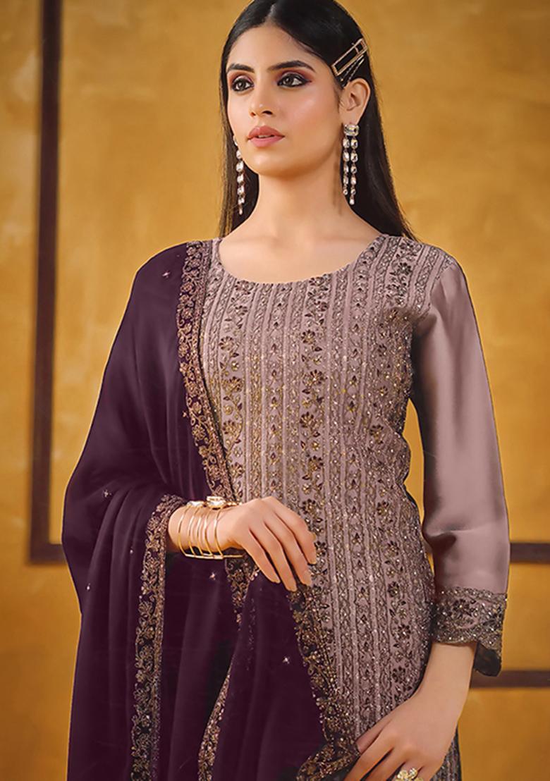 Purple Embroidered Silk Kurta Set - Indya