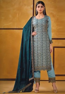 Teal Blue Embroidered Silk Kurta Set