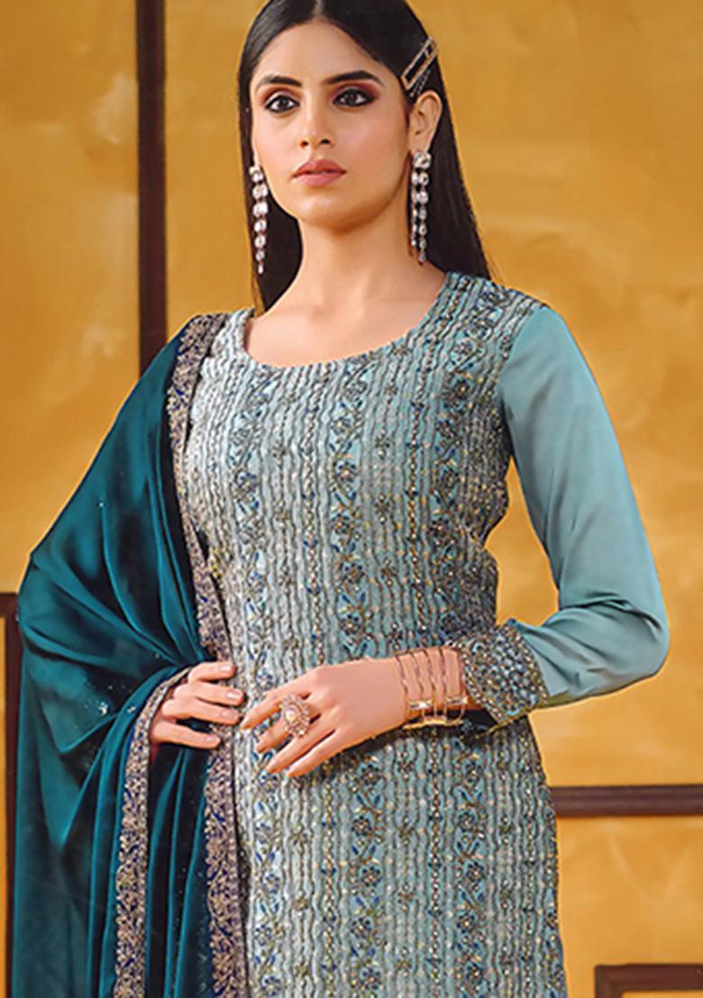 Teal Blue Embroidered Silk Kurta Set - Indya
