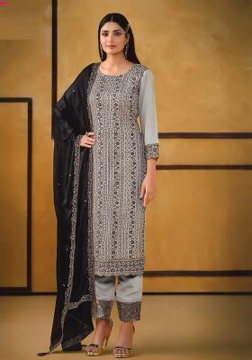 Grey Embroidered Silk Kurta Set