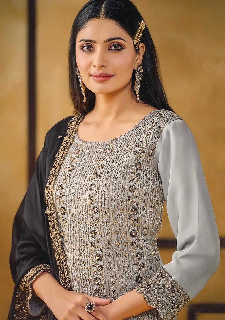 Grey Embroidered Silk Kurta Set - Indya