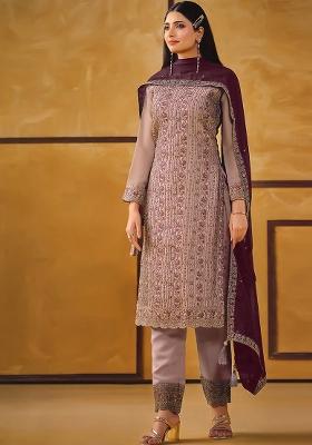 Mauve Embroidered Silk Kurta Set