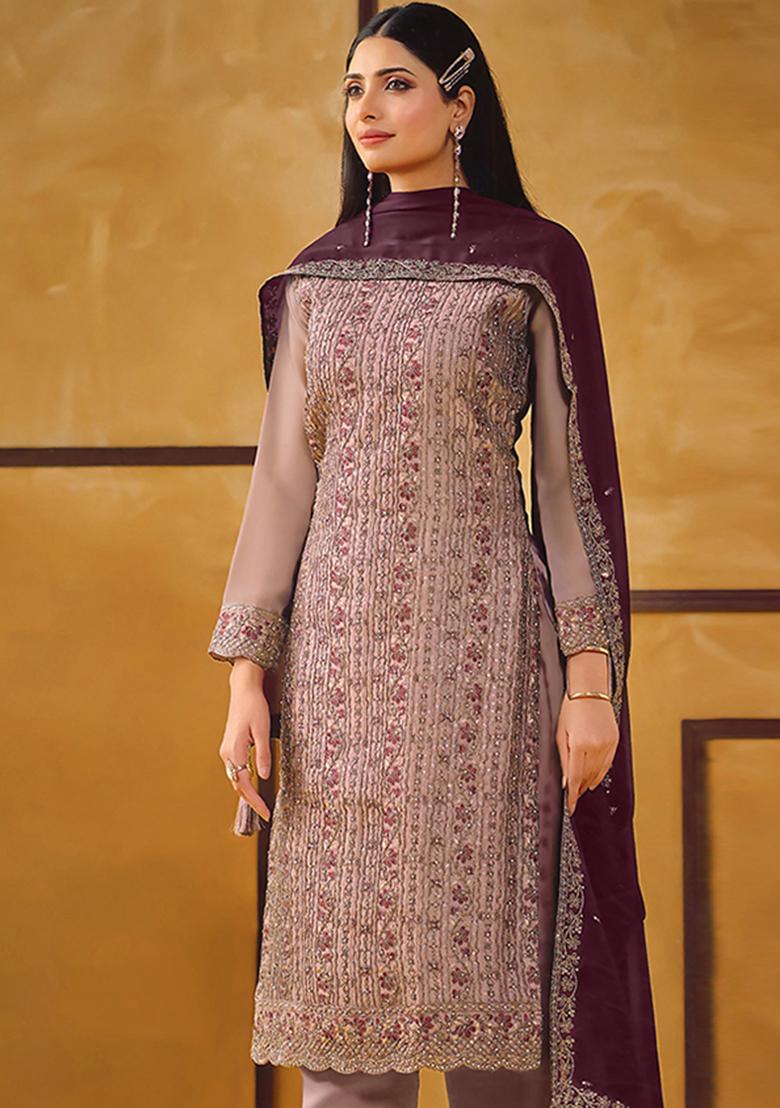 Mauve Embroidered Silk Kurta Set - Indya