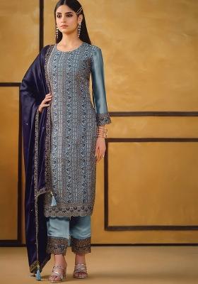 Blue Embroidered Silk Kurta Set