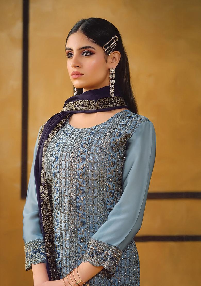 Blue Embroidered Silk Kurta Set - Indya