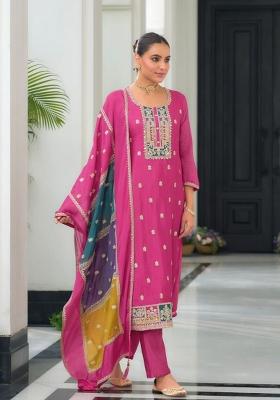 Pink Embroidered Chinon Kurta Set
