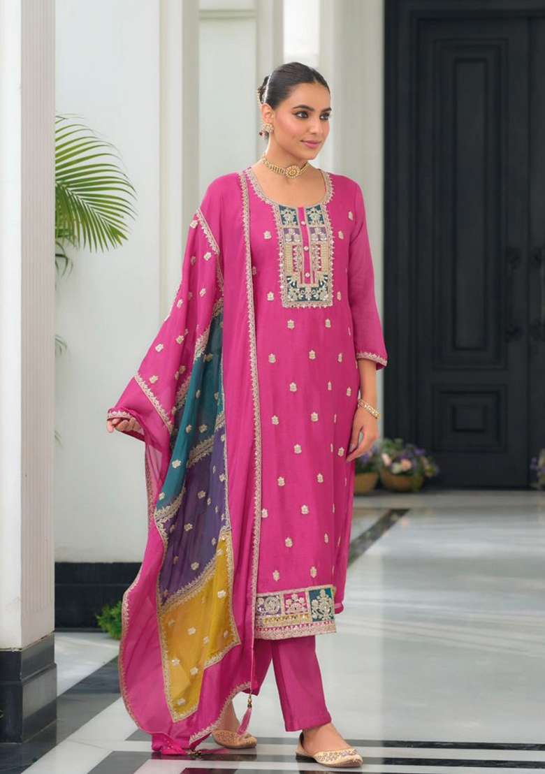 Pink Embroidered Chinon Kurta Set - Indya