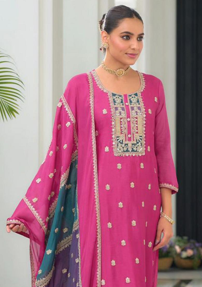 Pink Embroidered Chinon Kurta Set - Indya