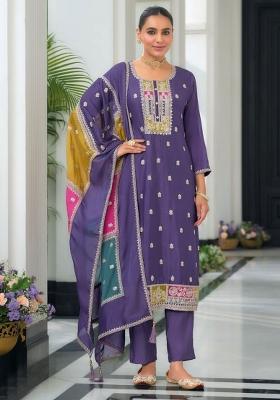 Purple Embroidered Chinon Kurta Set