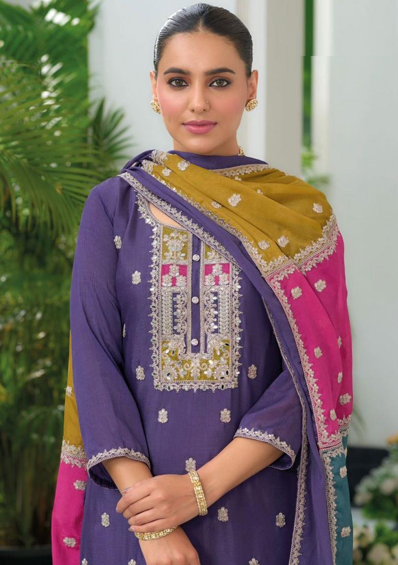 Purple Embroidered Chinon Kurta Set - Indya