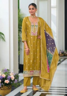 Mustard Embroidered Chinon Kurta Set
