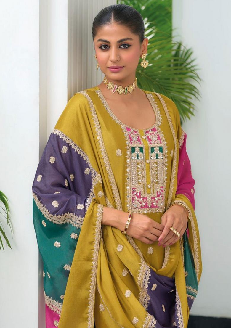 Mustard Embroidered Chinon Kurta Set - Indya