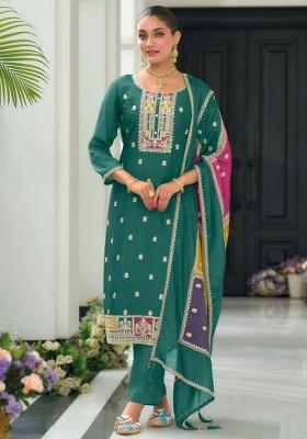 Sea Green Embroidered Chinon Kurta Set