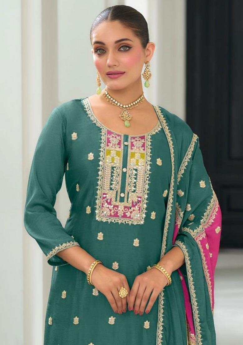 Sea Green Embroidered Chinon Kurta Set - Indya