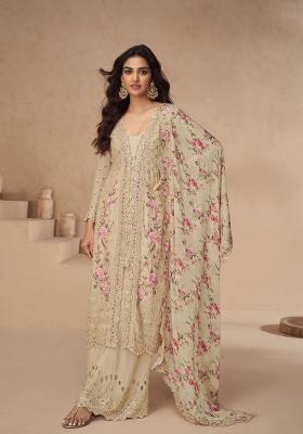 Beige Embroidered Silk Kurta Set