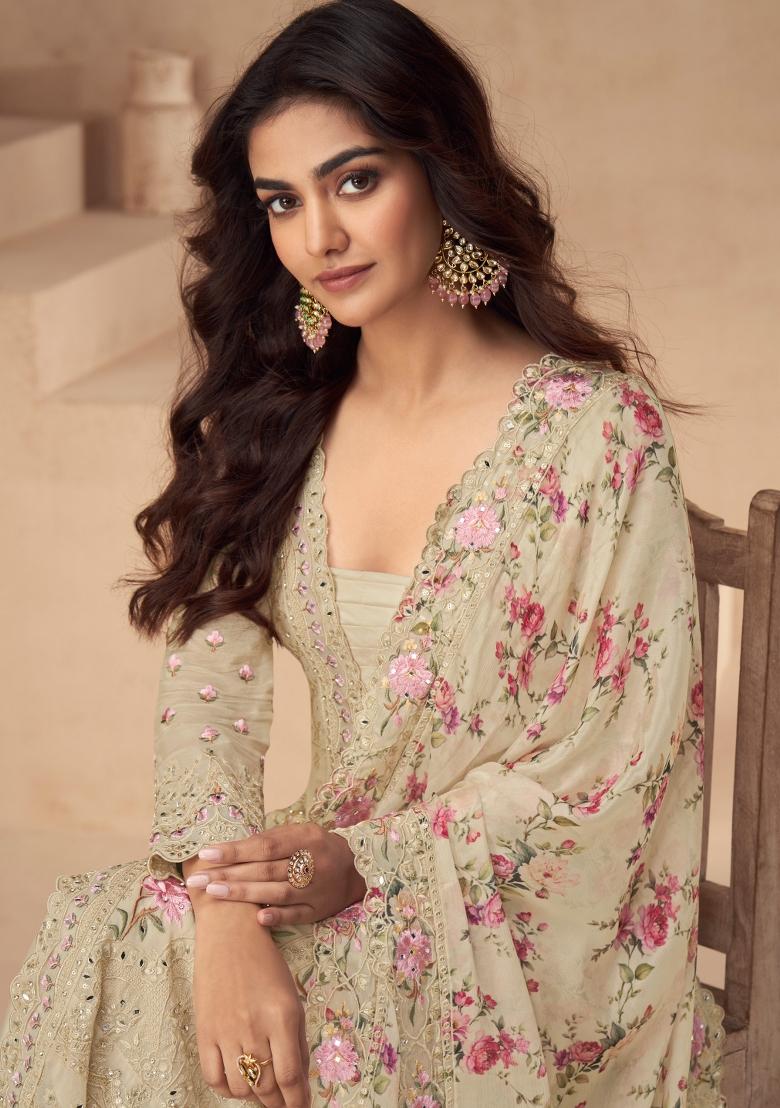 Beige Embroidered Silk Kurta Set - Indya