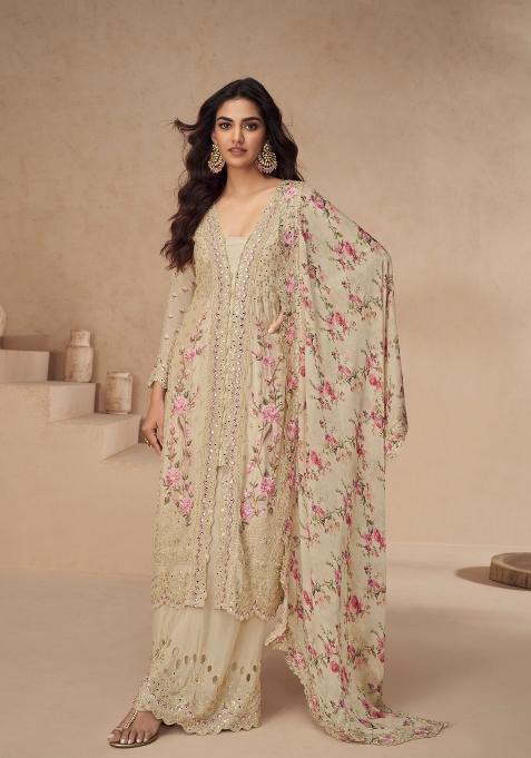 Beige Embroidered Silk Kurta Set