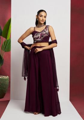 Brown Embroidered Georgette Kurta Set