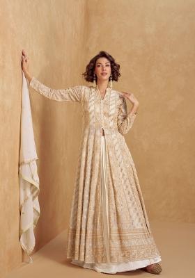 Beige Embroidered Georgette Kurta Set