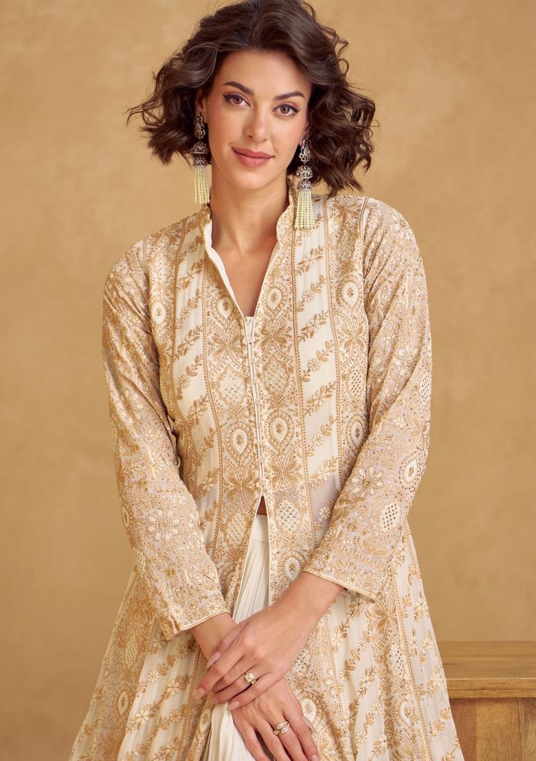 Beige Embroidered Georgette Kurta Set - Indya