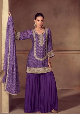 Purple Embroidered Chinon Kurta Set
