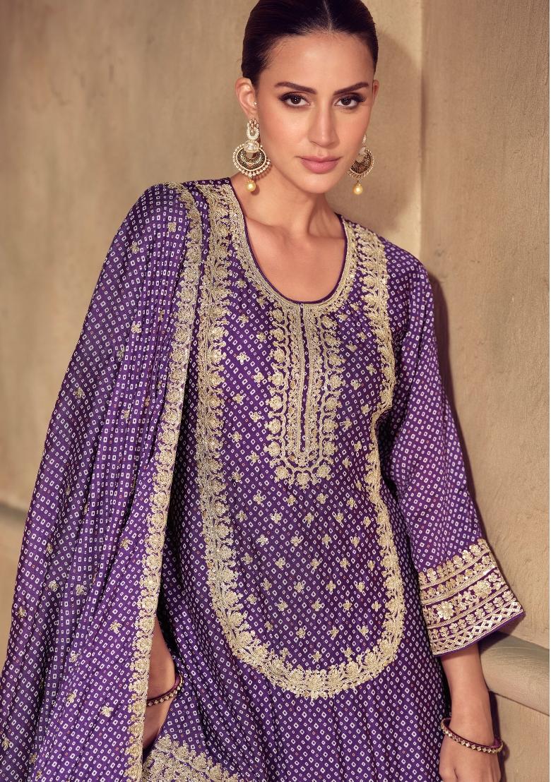 Purple Embroidered Chinon Kurta Set - Indya