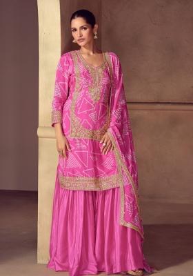 Pink Embroidered Chinon Kurta Set