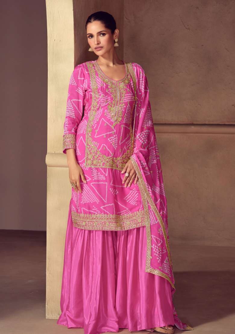 Pink Embroidered Chinon Kurta Set - Indya