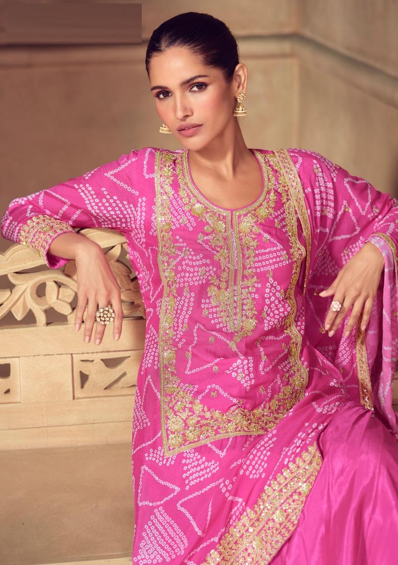 Pink Embroidered Chinon Kurta Set - Indya