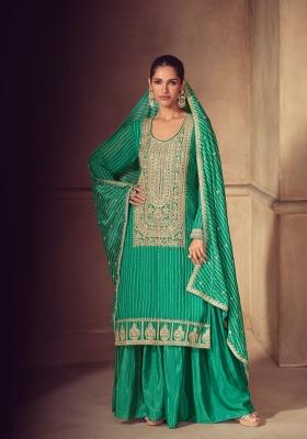 Green Embroidered Chinon Kurta Set