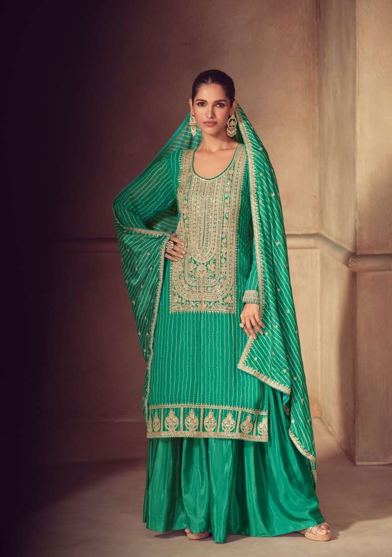 Green Embroidered Chinon Kurta Set - Indya