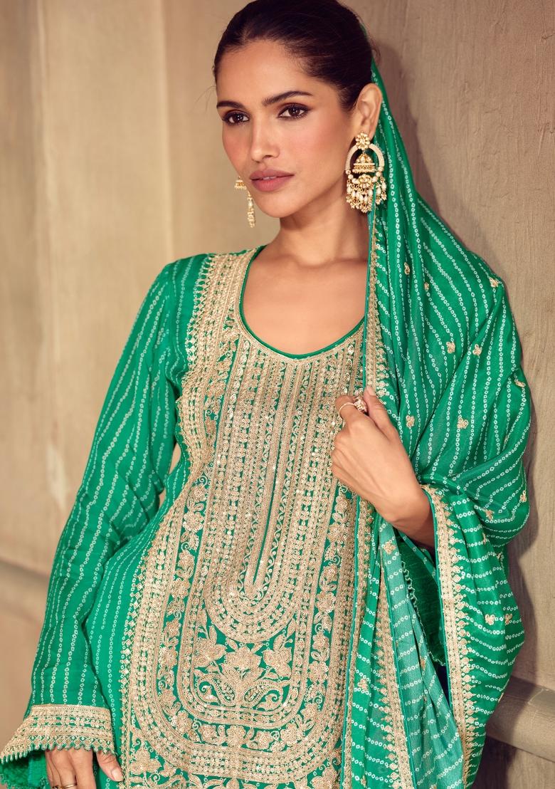 Green Embroidered Chinon Kurta Set - Indya