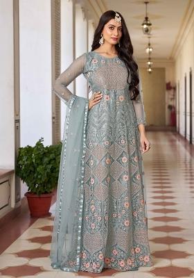Grey Embroidered Net Kurta Set
