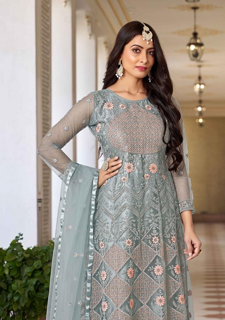 Grey Embroidered Net Kurta Set - Indya