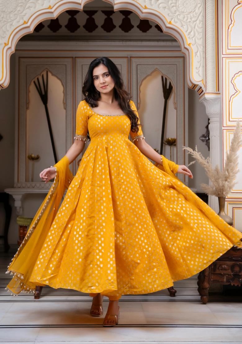 Yellow Jacquard Chanderi Kurta Set - Indya
