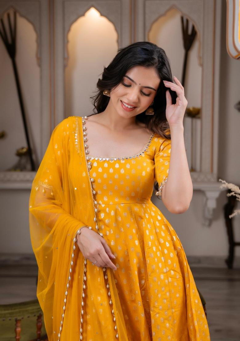 Yellow Jacquard Chanderi Kurta Set - Indya
