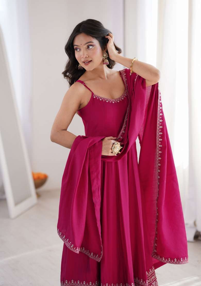 Rani Pink Embroidered Silk Blend Kurta Set - Indya