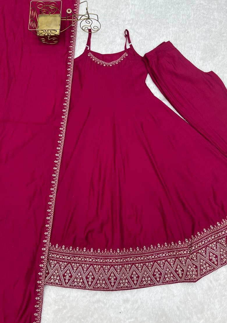 Rani Pink Embroidered Silk Blend Kurta Set - Indya